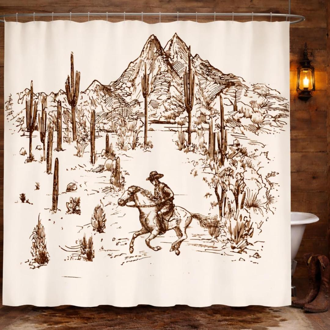 Western Cowboy Shower Curtain, Desert Horse and Cactus Design for Farmhouse Bathroom, Waterproof Fabric with 12 Pcs Hooks,Great for Housewarming Gifts72" W X 72" L