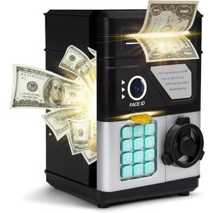 Piggy Bank for Boys Girls, Kids Safe, Electronic Mini ATM Money Saving Box Toy 2025 with Password & Face ID Simulation, Christmas Birthday Gifts for 4 5 6 7 8 9 10 Year Old, Coin Cash Can (Black)