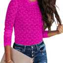 Lace Undershirt for Women Mesh Long Sleeve Floral Crochet Tops Sheer Layering Blouse Western Cowgirl Concert Outfits (Pink, S)