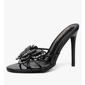 NEWBELLA Women's Rhinestone Butterfly Heeled Sandals – Open Toe Stiletto Slip-On Dress Shoes, High Heel Mules for Party