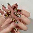 Leopard Print Press on Nails with 3D Cherry Charms, Medium Almond Fake Nails, Glossy Acrylic False Nails, Reusable Full Cover Stick on Nails for Women Manicure 24Pcs