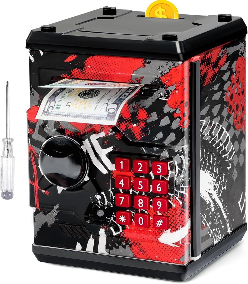 ATM Piggy Bank for Boys Girls, Vcertcpl Mini ATM Coin Bank Money Saving Box with Password, Kids Safe Money Jar for Adults with Auto Grab Bill Slot, Great Gift Toy Bank for Kids (Large, Black)