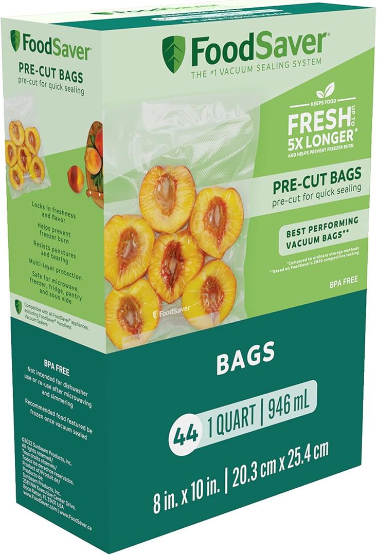 FoodSaver Precut Vacuum Sealer Bags for Airtight Food Storage and Sous Vide Cooking, BPA-Free, 1 Quart, 44 Count (44ct)