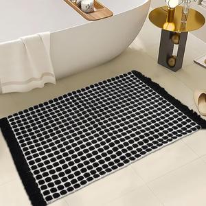 ZALL Black and White Braided Bath Mat Tassel Weav Super Absorbent Non Slip Bathroom Rug 20x32 inch Machine Washable Ultra Soft Floor Mats