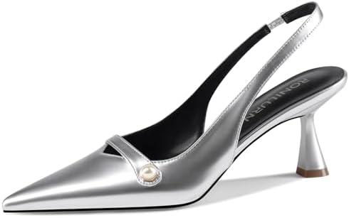 RONILURN Women Kitten Heels Slingback Low Heel Pumps Dress Shoes for Women Closed Pointed Toe Pearl Heels for Work Wedding Bridal 9,5