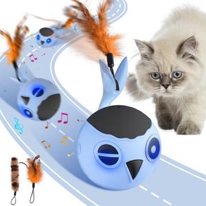 ORSDA Cat Toys, Interactive Cat Toy for Indoor Cats, Automatic Moving Ball Bird for Indoor Adult Cats Kitten Toys All Breeds, Fast Rolling Motion Activated Chirping Stimulating Light, 2 Feather Refill (Sky- Blue)