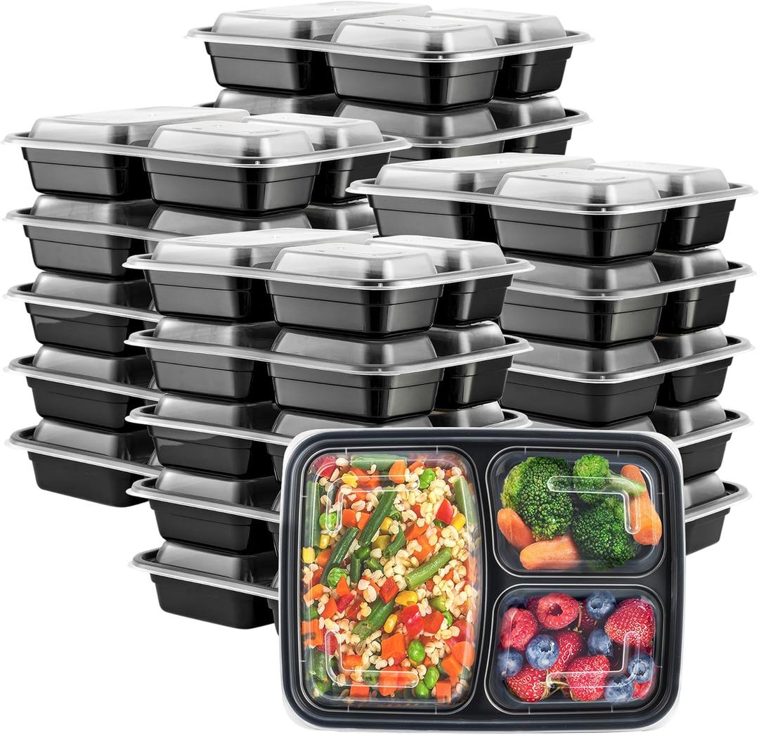 GUSTO [24 oz - 50 Count 3-Compartment Meal Prep Containers with Lids  Reusable, Microwaveable, Dishwasher & Freezer Safe, BPA-Free Food Storage Boxes for Portion Control (Formerly Comfy Package)