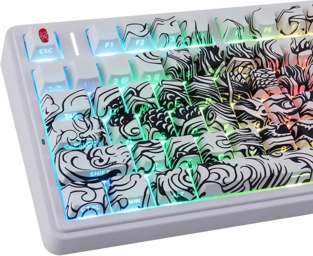 Tsungup PBT Keycaps, 138 Keys Custom Cool Dragon Pattern Side Printed Keycaps, Cherry Profile Key Caps Keyboard Keycap Set for 60% 65% 75% 80% 100% MX Switches Mechanical Keyboard(White)