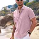 COOFANDY Men's Linen Shirts Short Sleeve Casual Shirts Button Down Shirt for Men Beach Summer Wedding Shirt (Pink, S)