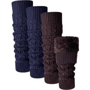 Shihanee 2 Pairs Winter Fleece Lined Leg Warmers for Women Warm Long Boot Socks Knit Thick Calf Warmers for Skating Walking (Brown, Navy Blue)