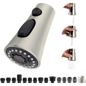 Hibbent Kitchen Sink Faucet Head Replacement, NSF/ANSI/CAN 61 & CUPC Certified, 3-Function Pull Down Sprayer Nozzle with 15 Adapters, Compatible with Delta, Kohler, Moen Faucets, Brushed Nickel