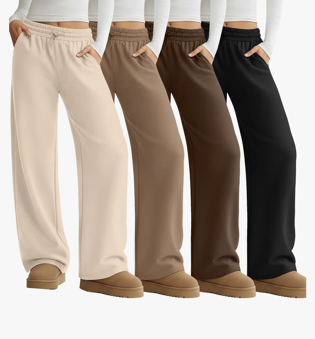 Velvelhall 4 Pack Women's Wide Leg Sweatpants Drawstring Lounge Joggers for Women Straight Pants Elastic Waist with Pockets(Black, Brown, Khaki, Apricot), Size: 3XL