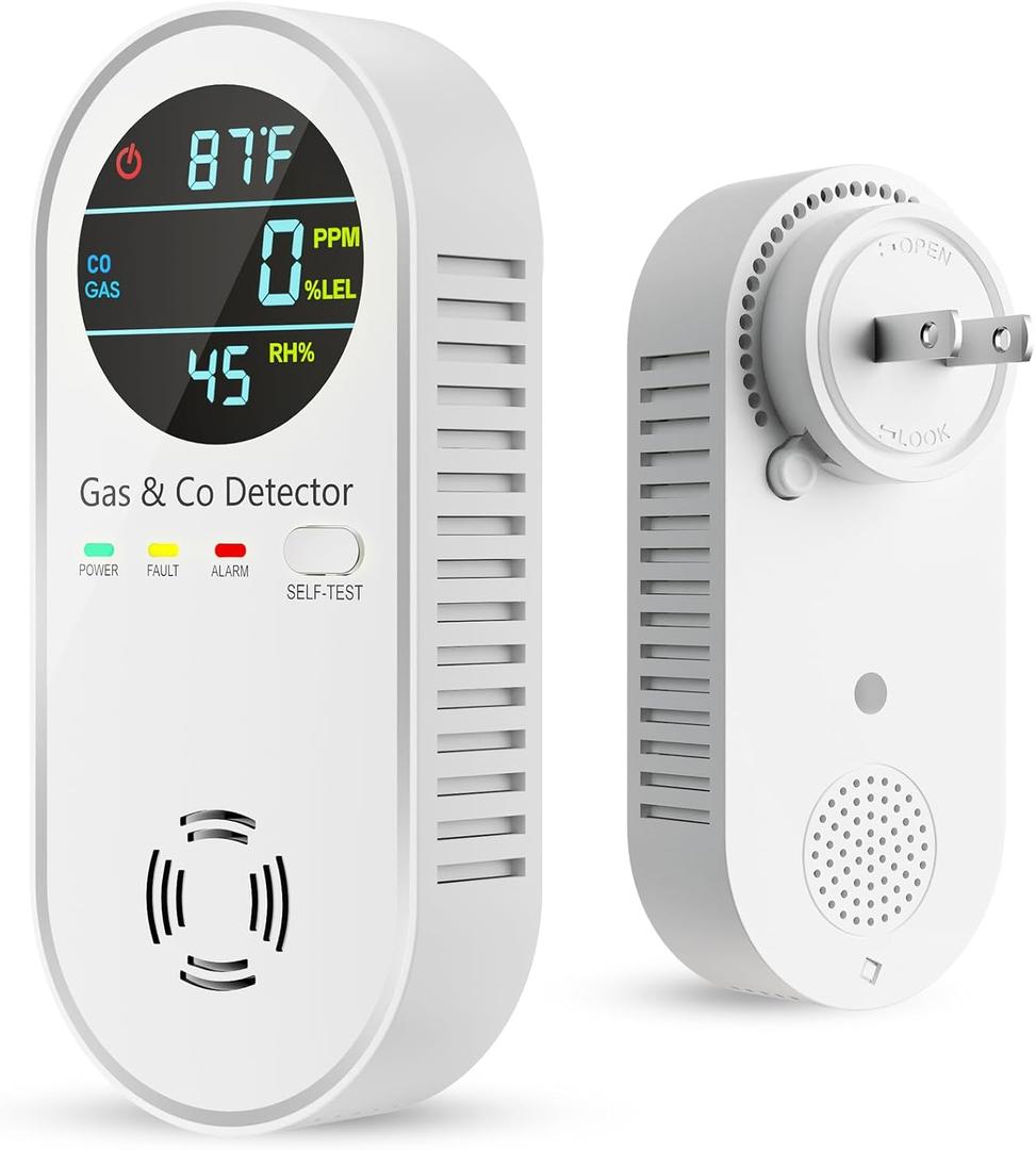 Carbon Monoxide Detectors & Natural Gas Detector, 4-in-1 Carbon Monoxide Detectors Plug in, Gas Leak Detector with Dual Alarms, Temperature & Humidity Sensor for Home, RV, White, 1 Pack