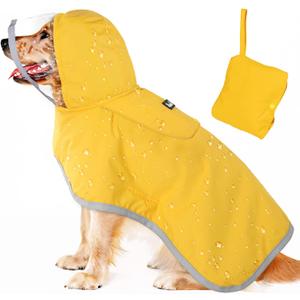 Lukovee Adjustable Dog Rain Jacket with Clear Hooded Double Layer, Waterproof Dog Rain Coat Poncho with Reflective Storage Pocket & Rim (Yellow, XXL) (2X-Large)