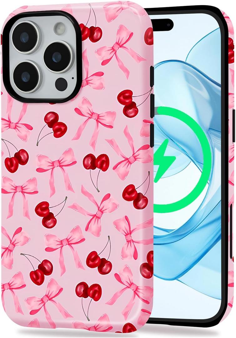 EWAIDI Magnetic Case for iPhone 16 Pro, Cute Pink Bow Cherry Print Aesthetic Trendy Pattern, Soft TPU Hard PC Case, with MagSafe for Women Girls-Cherry
