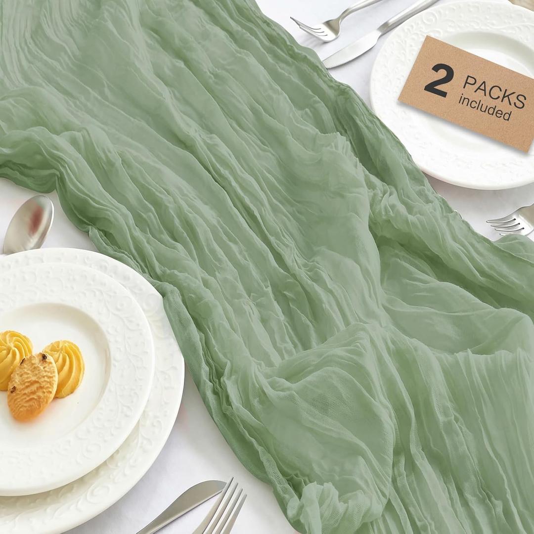IVAPUPU 2 Pcs Cheesecloth Table Runner - 10ft Sage Green Boho Rustic Gauze Cheese Cloth Table Runner for Baby Shower Decorations Wedding Party Spring Garden Farmhouse Mothers Day Decor