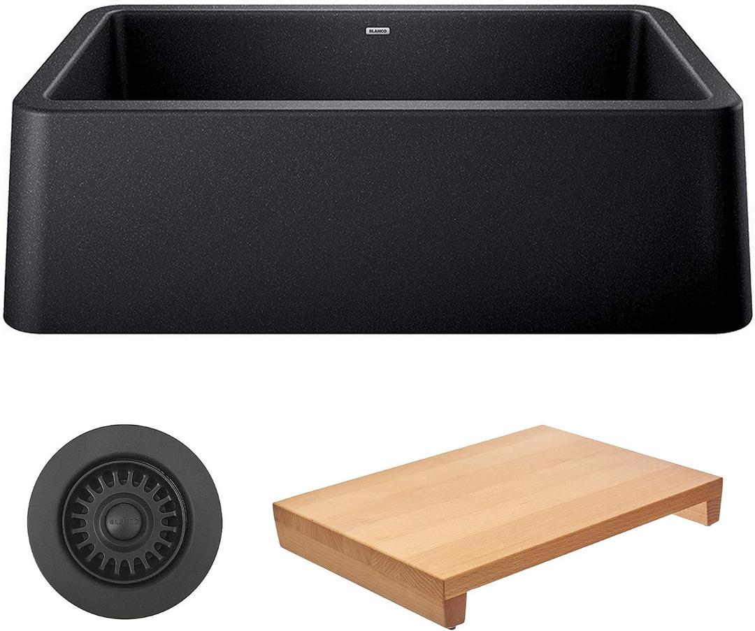 BLANCO 401895-KIT Ikon Silgranit 33" Single Bowl Apron-Front Farmhouse Sink Set (3 Item Bundle: Sink, Color-Coordinated Basket Strainer & Cutting Board), 33x19x10 inches