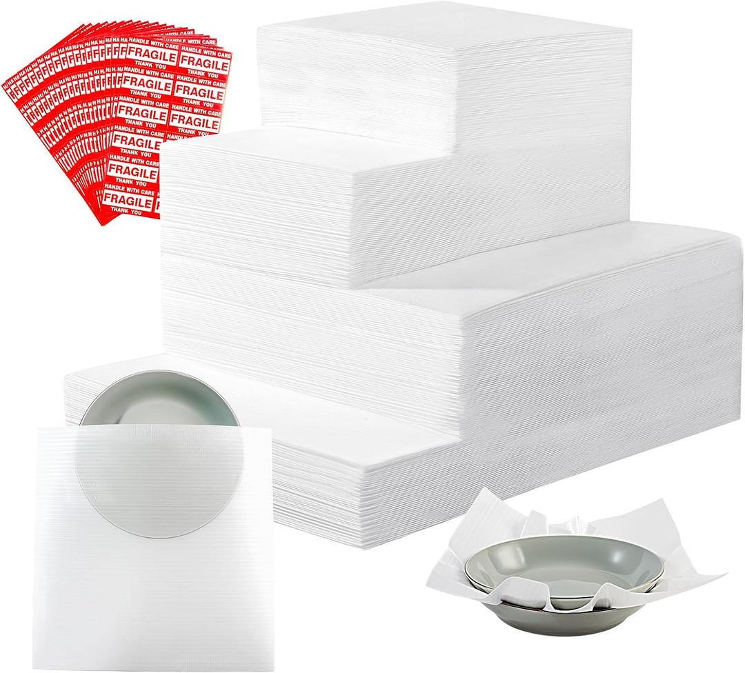 515Pcs Dish Packing Supplies for Moving, 275 Cushion Foam Pouches & Sheets 4 Sizes (7.8"x7.8", 12"x7.8", 12"x12", 16"x12") with 240 Fragile Stickers Plate Packing Sleeves for Moving, Shipping, Storage