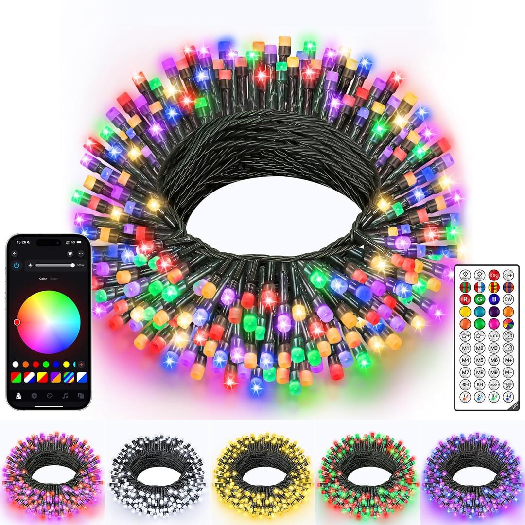 Ollny Smart Christmas Lights, 66FT 200 LEDs APP Control RGB Color Changing Christmas Tree Lights with Remote, Programmable DIY Musical Waterproof Green Wire Decor Light with Timer for Indoor Outdoor