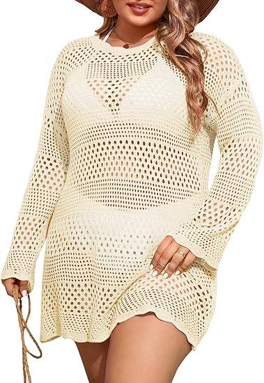 Beautife Womens Plus Size Swimsuit Cover Up Crochet Long Sleeve Mesh Knit Crew Neck Beach Coverup Dress, S