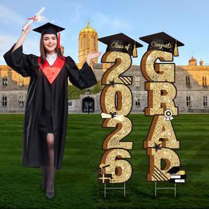 38 Inch Extra Large 2026 Graduation Yard Sign Black and Gold Graduation Decorations Class of 2026 Waterproof Congrats Grad Garden Lawn Decor with Stakes for College School Grad Ceremony Party