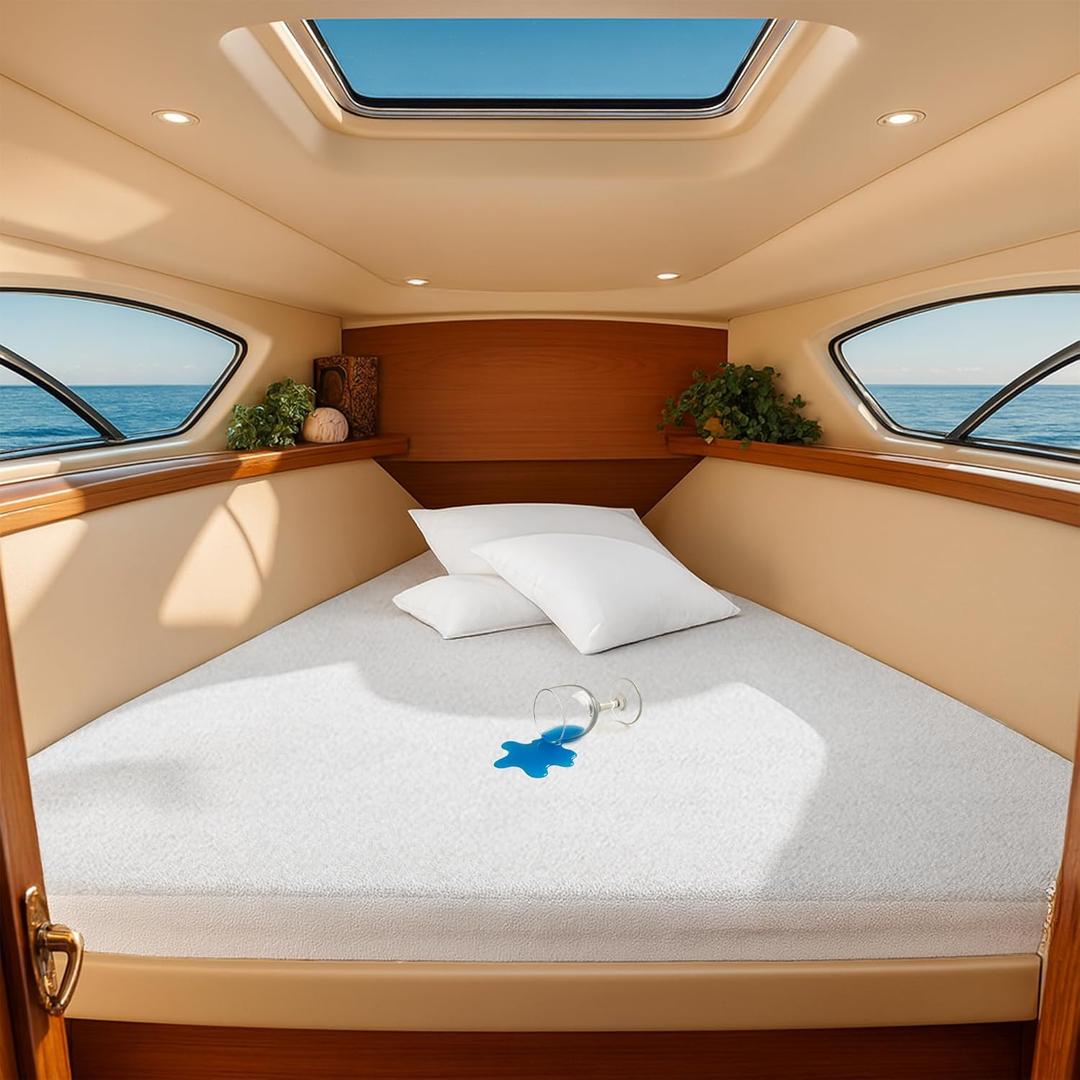 Waterproof Mattress Protector V Berth Size- 15" Deep Pocket Fitted Style Mattress Pad Cover Skin-Friendly, Super Soft & Breathable Bed Protection Against Moisture, Spills, Stains - White