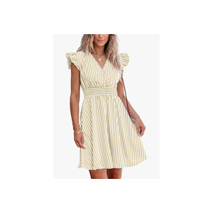 CUPSHE Women's Mini Dress V Neck Flutter Sleeve Striped Smocked Waist A Line Short Summer Cocktail Dress