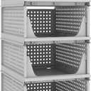 Pinkpum 4 Pack Folding Closet Organizers Storage Box, Stackable Plastic Drawer Basket for Clothing, Stackable Storage Bins Shelf Storage Container for Closet Wardrobe Bedroom Bathroom Office (Grey)