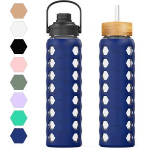 MUKOKO 32oz Glass Water Bottles with 2 Lids-Handle Spout Lid&Bamboo Straw Lid, Motivational Water Tumbler with Time Marker Reminder and Silicone Sleeve, Leakproof-Blue-1 Pack