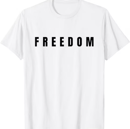 Freedom Black Text Minimalist Design, Bold Typography Graphic T-Shirt, White, Large