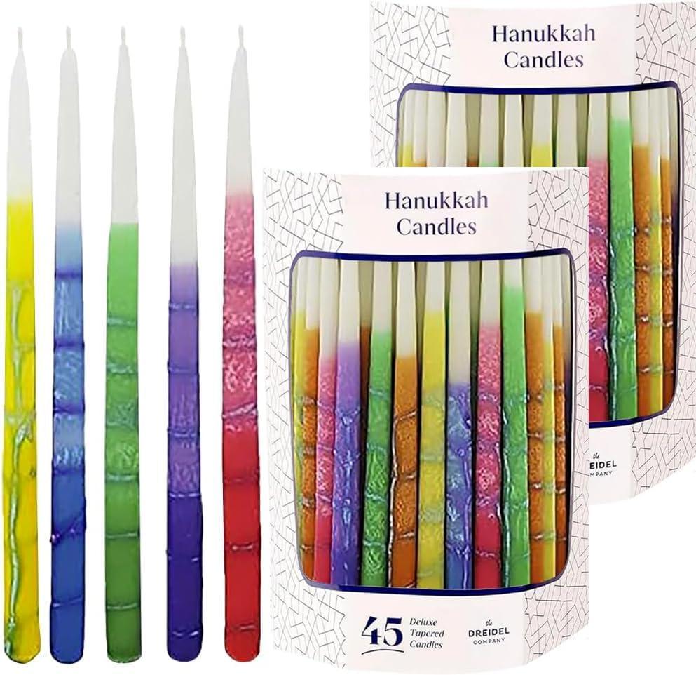 The Dreidel Company 2-Pack Dripless Hanukkah Candles, Multicolored Striped Deluxe Tapered Decorations, Chanukkah Menorah Candles for All 8 Nights of Chanukah, 1 Hour Burn Time