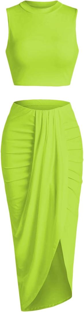 ZAFUL Women's Casual Sleeveless Summer Two Piece Outfits Crop Top and Side Split Draped Ruched Maxi Skirt Set Solid Suiting M