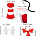 4PCS Stovepipe Hat Costume Accessories Set Cat Hat Red and White Striped Hat Red Bow Tie White Gloves Black Tails for Adults World Book Day Halloween Cosplay and Dress Up
