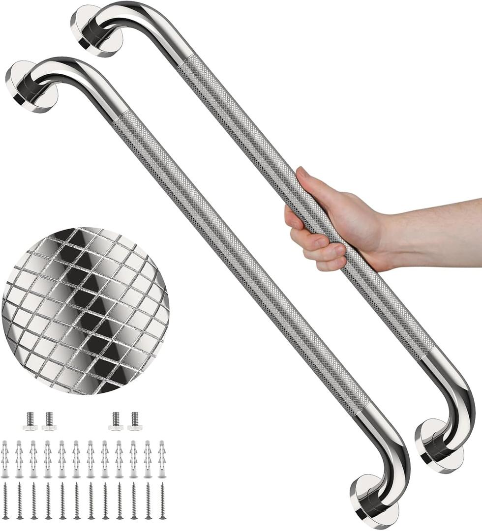 2 Pack 36 Inch Polished Chrome Non Slip Knurled Shower Grab Bar