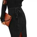 MEROKEETY Women's 2025 Fall Long Sleeve Bodycon Sweater Dress Winter V Neck Cable Knit Slit Midi Dresses M