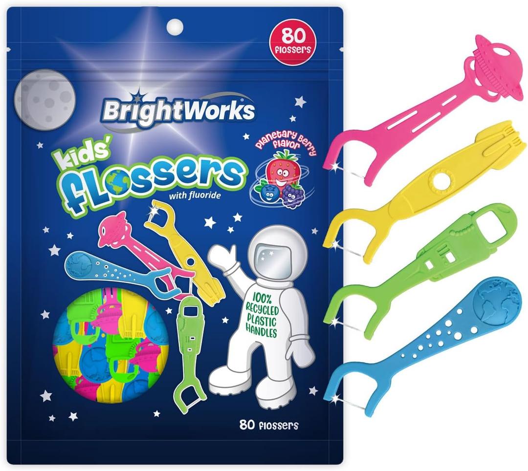 BrightWorks Kids Fun Space Flossers, Mixed Berry Flavor Fluoride [240 Floss Picks Total] Colorful Space Shapes: Astronaut, Rocketship, UFO, Earth. 100% Recycled Plastic Material. 80 Count (Pack of 3)
