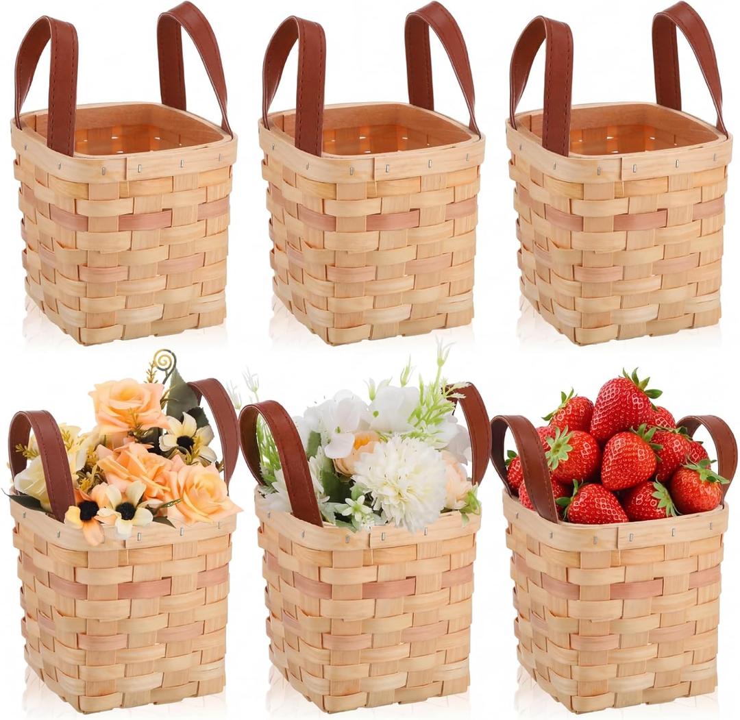 Rtteri 6 Pcs 4.5x4.5x4 in Small Wicker Baskets with Handles Wood Woven Empty Wicker Baskets for Gifts Small Square Storage Organizing Bags Pantry Party Container(Yellow)