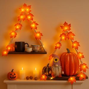 Set of 2 Fall Wall Decor Floating Wall Shelves with Maple Leaf Light String Thanksgiving Fall Leaf Garland Lights Hanging Shelf for Autumn Thanksgiving Home Living Room Bedroom Decoration