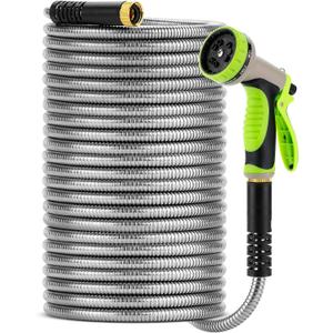 UNCO- Stainless Steel Metal Hose with 10 Functions Spray Nozzle, 100 ft, No Kink, Metal Garden Hose