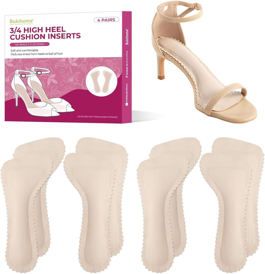 High Heel Cushion Inserts for Women - (4 Pairs) Bukihome 3/4 Invisible Insoles Prevent Feet from Sliding Forward - Shock & Sweat Absorption - Comfort Shoe Pads for High Heels Sandals Flats,Size M