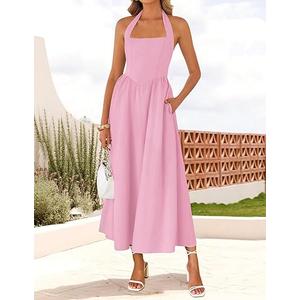 Women's Summer Sleeveless Halter Midi Dress 2025 Off Shoulder High Waist Swing Flowy Beach Long Dresses M