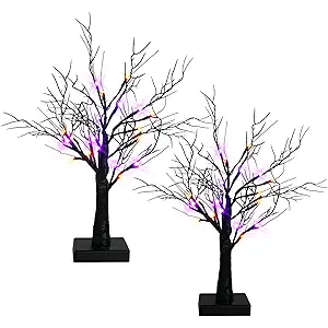 Dazzle Bright 2 Pack 20 Inch Orange & Purple Lighted Halloween Birches Tree Decor, 24 LED Battery Operated Halloween Decorations Artificial Black Spooky Tree with Timer for Indoor Home Party