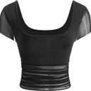 Women's Mesh Sheer Square Neck Crop T Shirt Ruched Short Sleeve Going Out Tops (L)