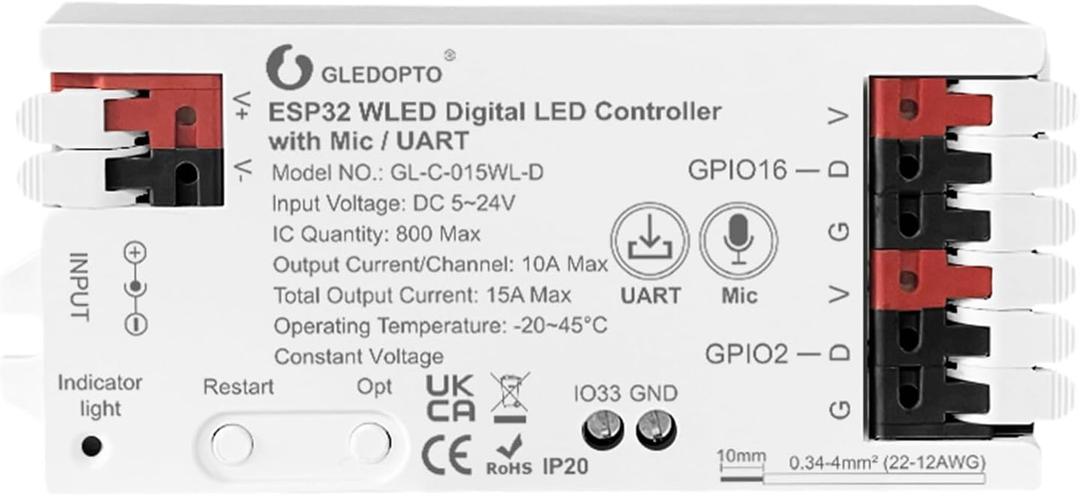 GLEDOPTO ESP32 WLED LED Strip Controller Mic UART Download Music Sound Dynamic Mode RGB IC DIY WiFi APP Control Easy Wiring for WS2811 WS2812 SK6812 TM1814 WS2813 WS2815 FCOB Addressable Strip Light
