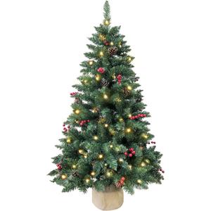4ft Pre-lit Christmas Tree,Artificial Pine 300 PVC Branches Tips with 20 Red Berries & 20 Pinecone & 100 LED Lights & Burlap Wrapped Base Decor Xmas Tree (Green)
