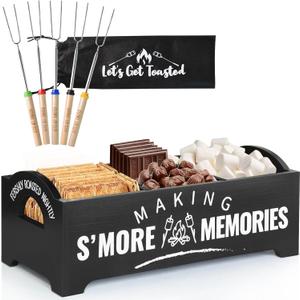 S'mores Kit Station With 5 Extendable Marshmallow Roasting Sticks, Farmhouse Caddy With Handles, Wood Maker Box, Camping Bonfire Accessories for Fire Pit Outdoor (Black)