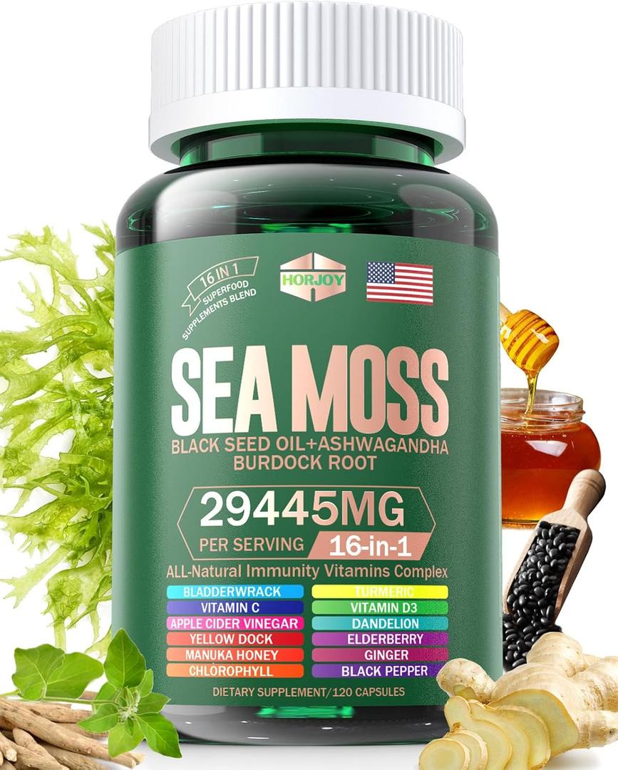 Sea Moss 12000mg Black Seed Oil 6000mg Ashwagandha 3000mg Turmeric 1000mg Bladderwrack 2000mg Burdock 3000mg & Vitamin C & D3 with Elderberry Manuka Dandelion Yellow Dock Iodine Chlorophyll ACV, BB 01/2027