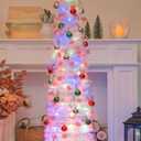 HMASYO 5 FT Pop Up Christmas Tree with Timer Lights and Decorations, White Tinsel Christmas Tree with Candy and 24 Balls Ornament, Collapsible Pencil Tree Xmas Decoration for Home, Office, Party