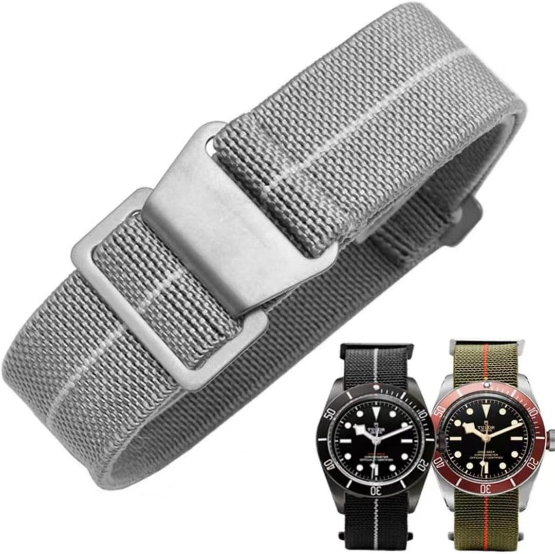 French Troops Paratrooper Watchband,Military Elastic Nylon Watch Strap with Hook-and-Loop for Men Women Silver & Black Buckle 18/20/22mm (Gray white-Silvery)