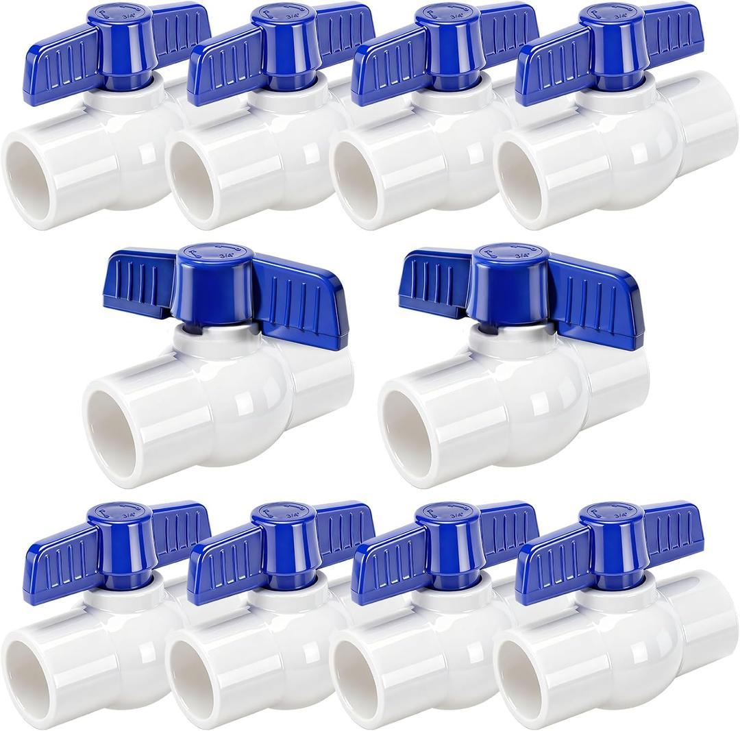 10 Pack 3/4'' PVC Ball Valve Slip, PVC Water Pipe Shut Off Valves 3/4inch with Double Socket Full Flow Port, T Handle SCH40 Plastic Control Valve for Swimming Pool, Irrigation, Sewage Pipes